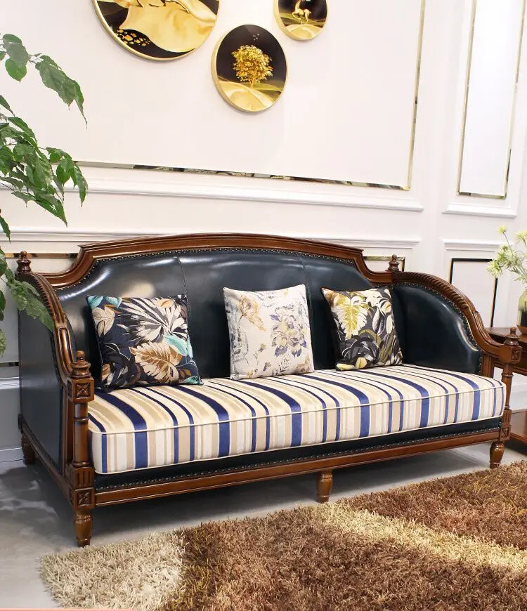 

American rural solid wood leather sofa modern light luxury simple beauty frame 123 combination living room furniture decoration
