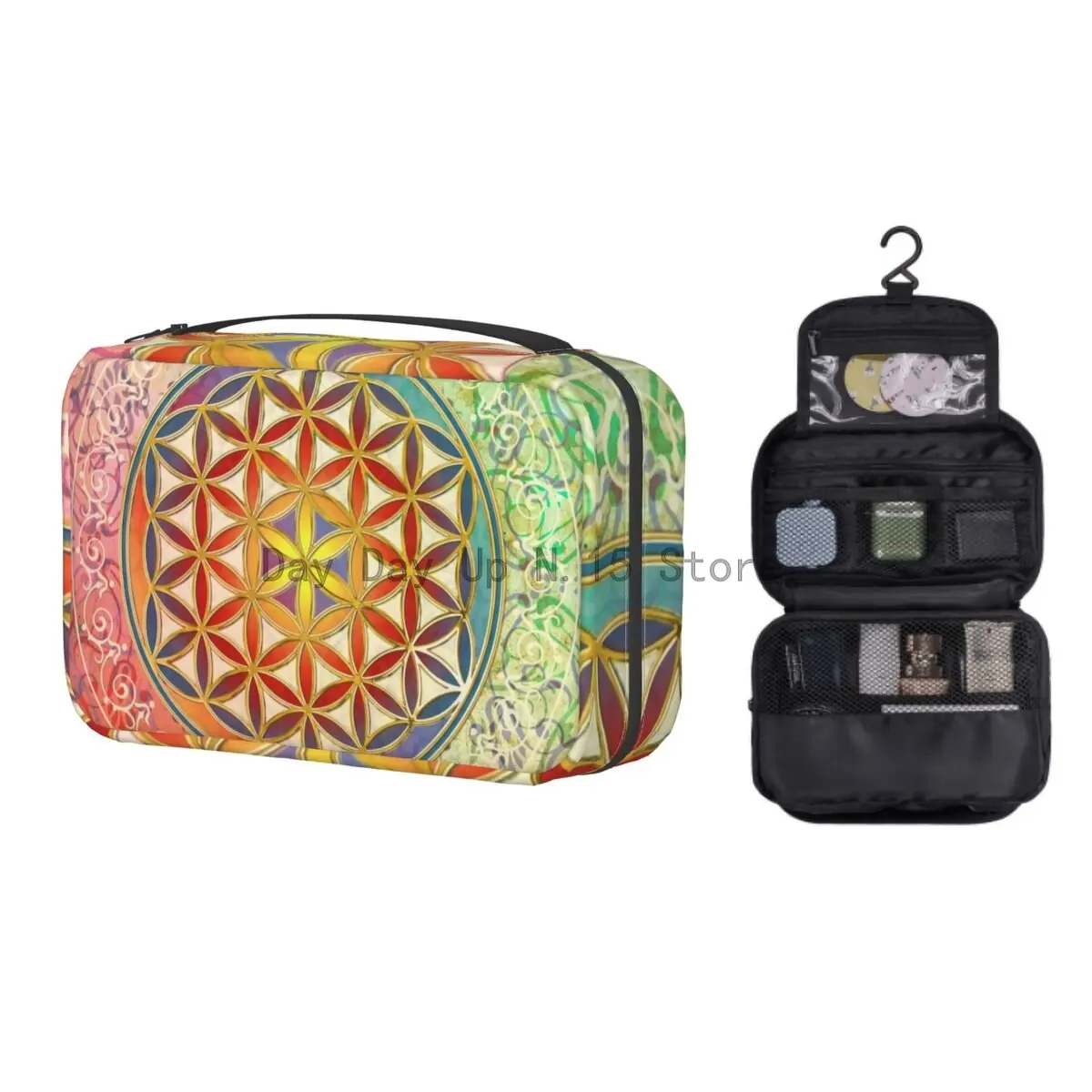 

Flower Of Life Vintage Geometric Travel Cosmetic Bag for Women Mandala Makeup Toiletry Organizer Ladies Beauty Storage Dopp Kit