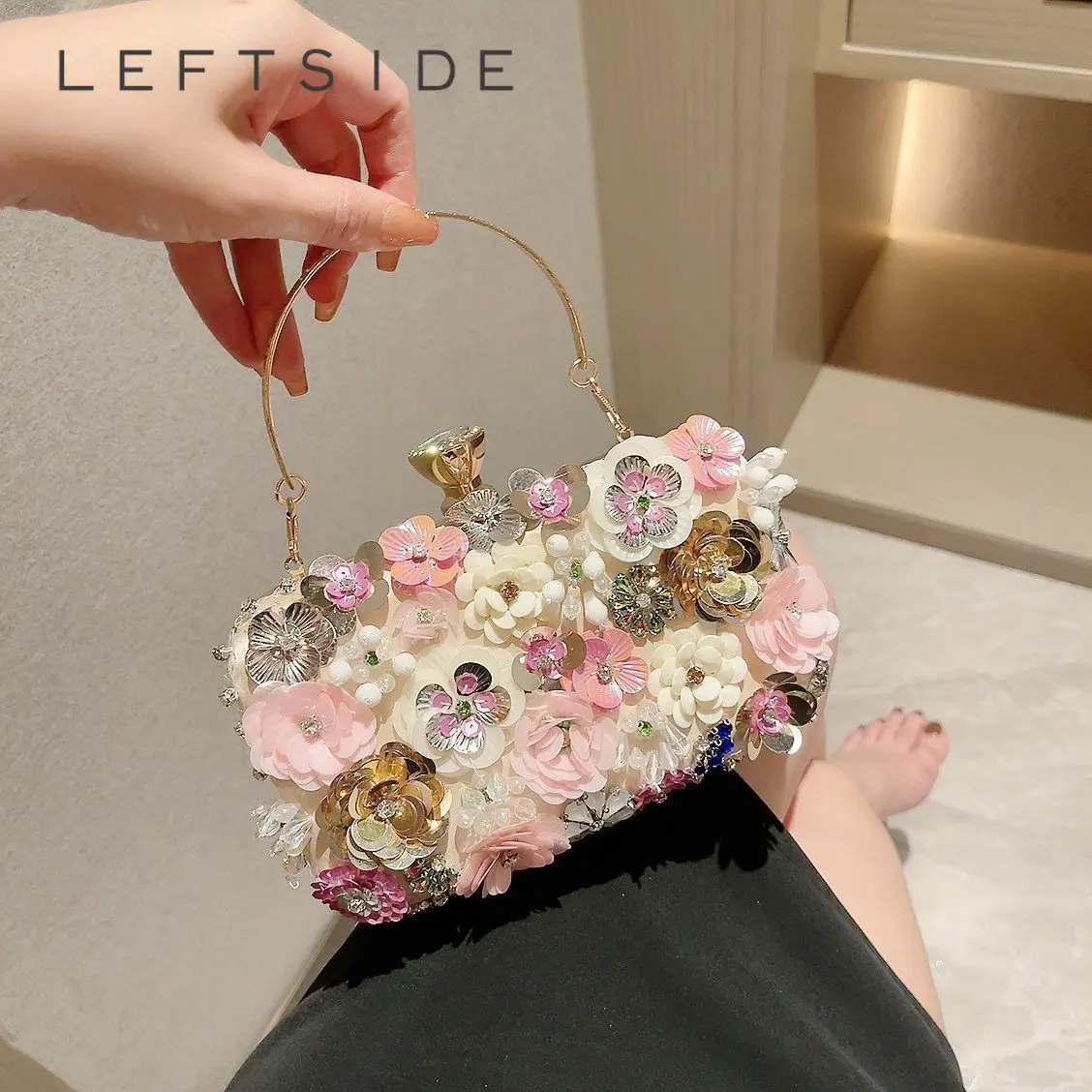 

LEFTSIDE Sequin Flower Design Chain Crossbody Bags for Women 2023 Luxury Designer Fashion Evening Party Handbags Trend Cluth