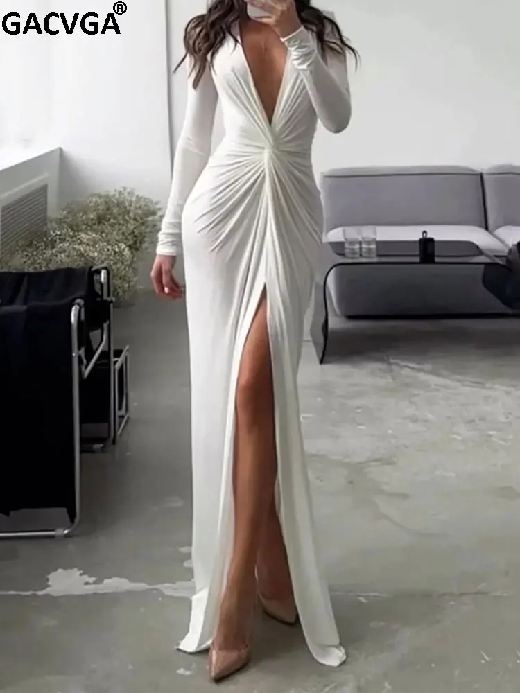 GACVGA 2024 осеннее Сексуальное Женское Платье с разрезом и плечевым упором длинным