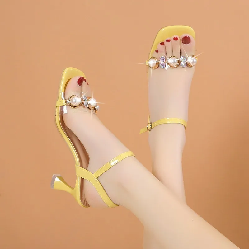 

Summer Elegant Women's High Heels Crystal Open Toe Square Heel Chunky Heel Buckle Fashion Strap Sandals Green Size 34-40