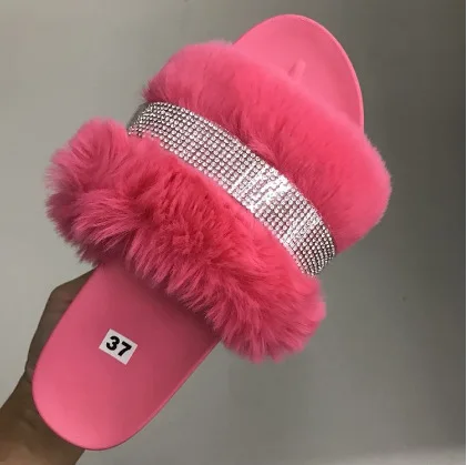 Women's Slippers Outdoor Rhinestone Fashion Casual Shoes for Women Lightweight Mid-heel Plush Slippers Plus Size 36-43