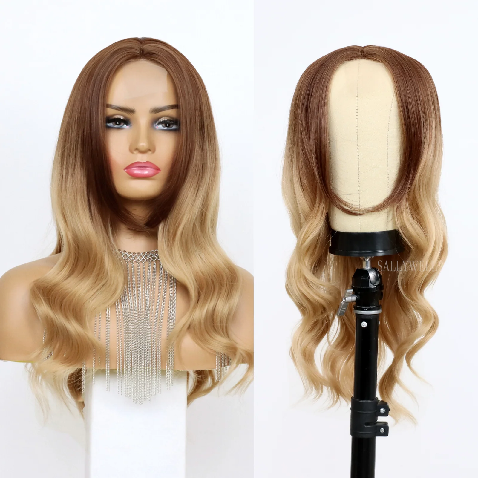 Wavy Brown Lace Wig for Women Synthetic Ombre Brown Wavy Wig Natural Looking Synthetic Full Wig for Daily