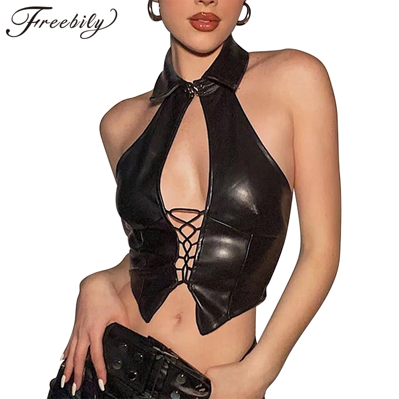 

Women Hollow Out Lace-up PU Leather Vest Fashion Turn-down Collar Sleeveless Backless Crop Top Pole Dancing Costume Clubwear