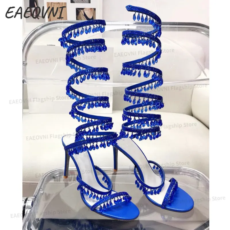 2023 EAEOVNI  Women's New Rhinestone Sandals Fashion Tassel Crystal Shoes Sexy Banquet Party Twining Stiletto Women's Sandals