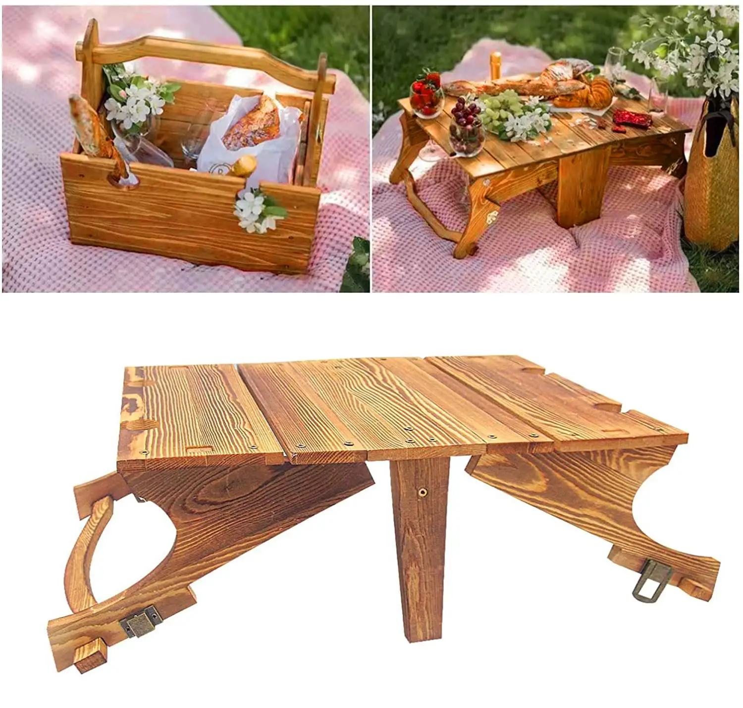 

2in1 Wooden Folding Picnic Table Portable Outdoor Camping Snack Storage Basket Camping Hiking Equipments Accessories