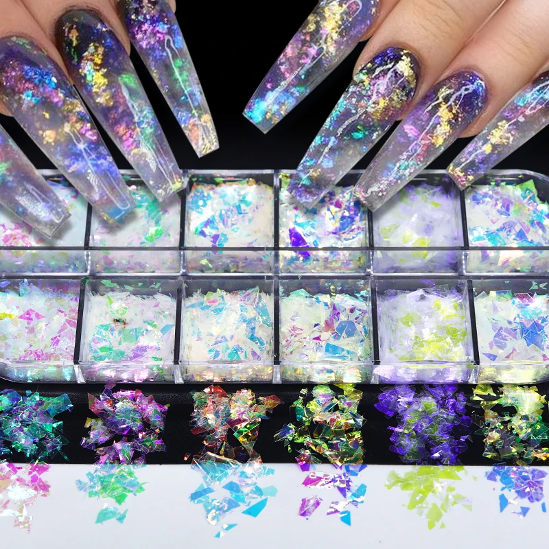 

12 Grids AB Mermaid Nail Glitter Sequins Shiny Ultra-Thin Aurora Irregular Flakes DIY Nail Art Decorations Accessories