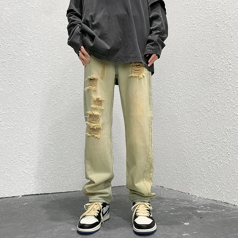Ripped Baggy Jeans Men Fashion Retro Casual Hole Straight Jeans Men Streetwear Hip Hop Loose Denim Pants Mens Trousers M-2XL