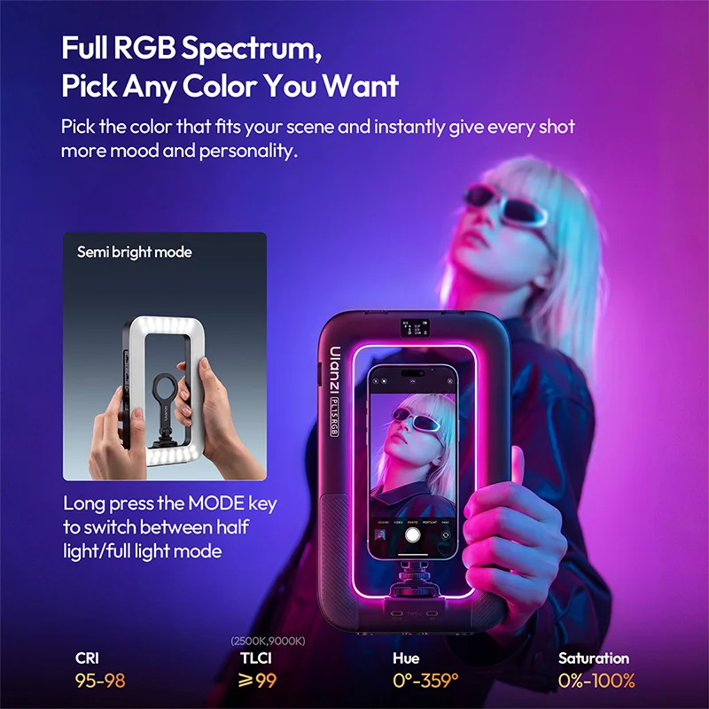 Фото Ulanzi PL15RGB Портативный RGB-кольцевой светильник 2500K-9500K для смартфона, магнитный видеосвет DJI Pocket с холодным креплением 1/4 дюйма №4