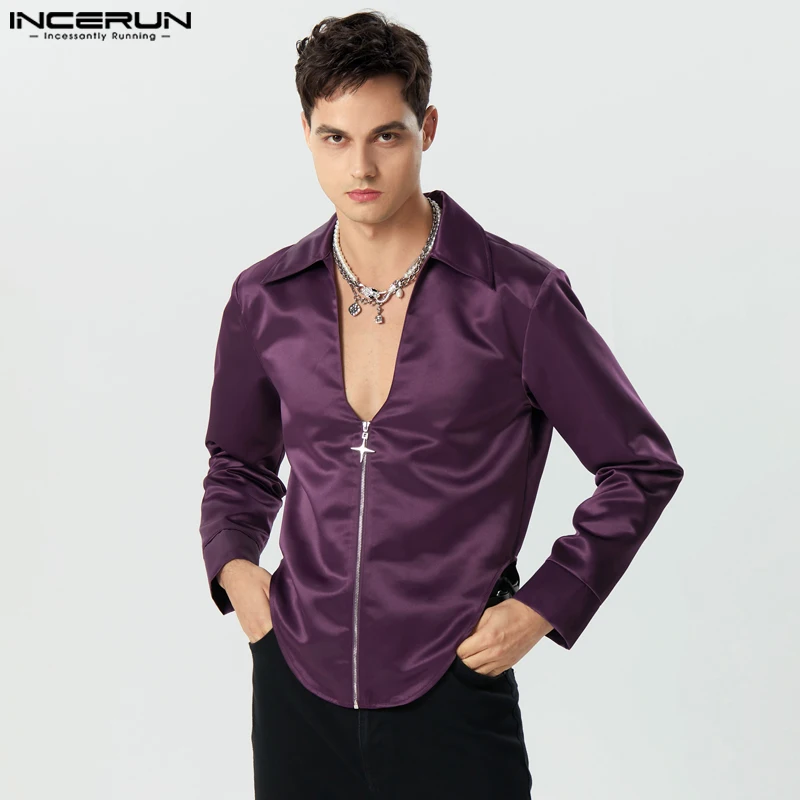 

INCERUN Tops 2023 American Style New Men's Star Zipper Satin Gloss Shirts Fashionable Casual Male Long Sleeve Lapel Blouse S-5XL