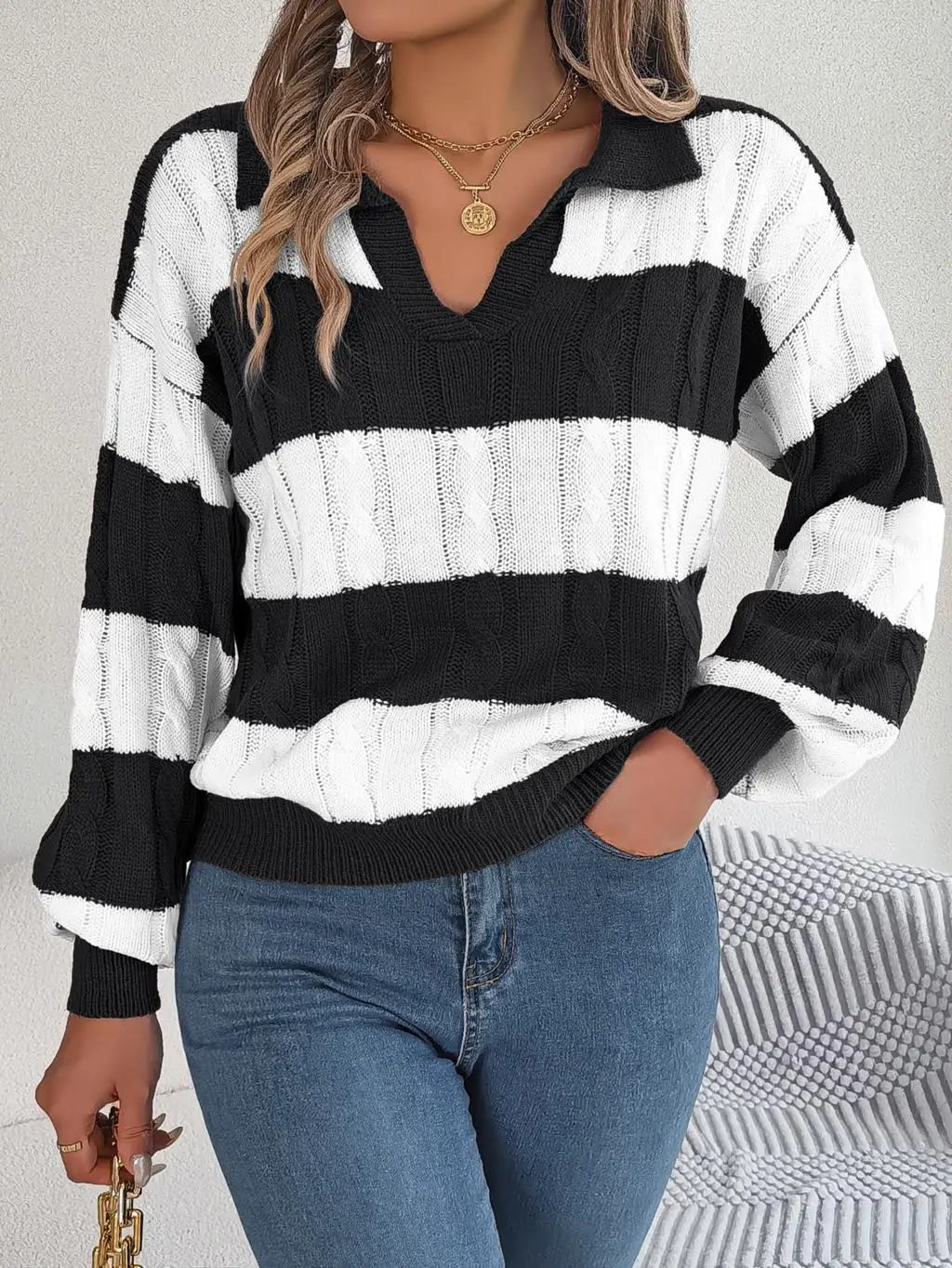 FICUSRONG осенне-зимний вязаный свитер контрастных цветов с рукавами-фонариками