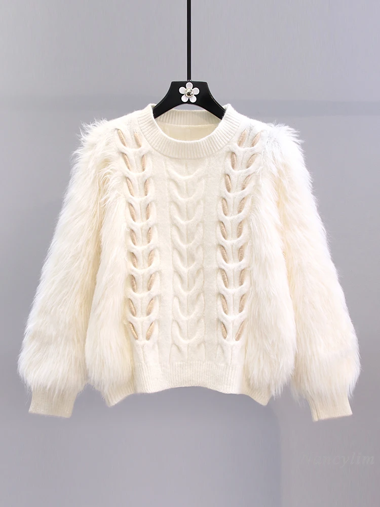 

Soft Mink Fur Cable-Knit Sweater Women's Autumn and Winter Cloth 2023 New Design Sense Niche Short Sweater Warm Jumper