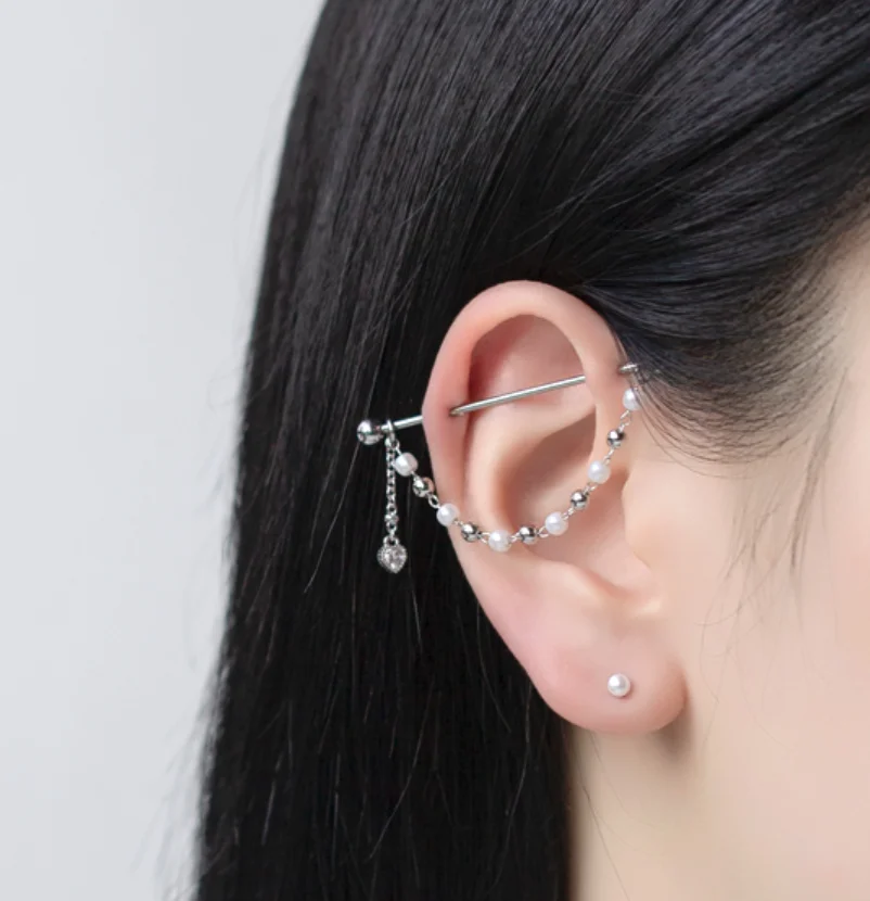 

New Industrial Piercing Steel Cartilage Earring Piercing Scaffold Industrial Barbell Helix Body Piercing Jewelry Leaves Chain