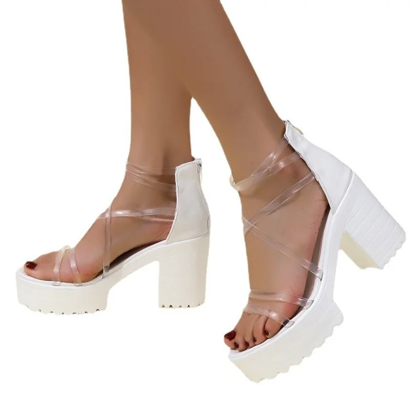 Platform Chunky Heel Sandals Summer Plus Size 42 43 Shoes Transparent Gladiator Heel Sandals  Shoes Women Fashion New 2022
