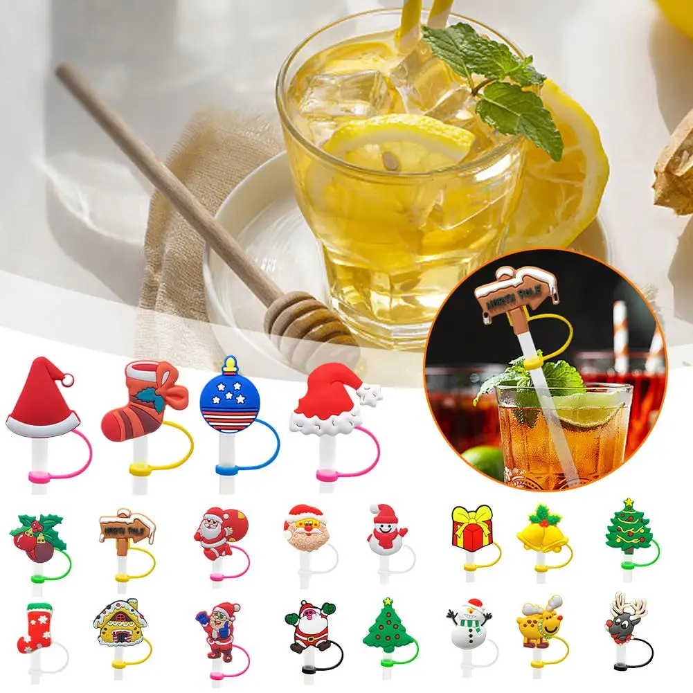 

4pcs Christmas Straw Cover Silicone Tips Drinking Dust Elk Stopper Reusable Santa Snowman Decor Christmas Straw Cap Straw P M3E3