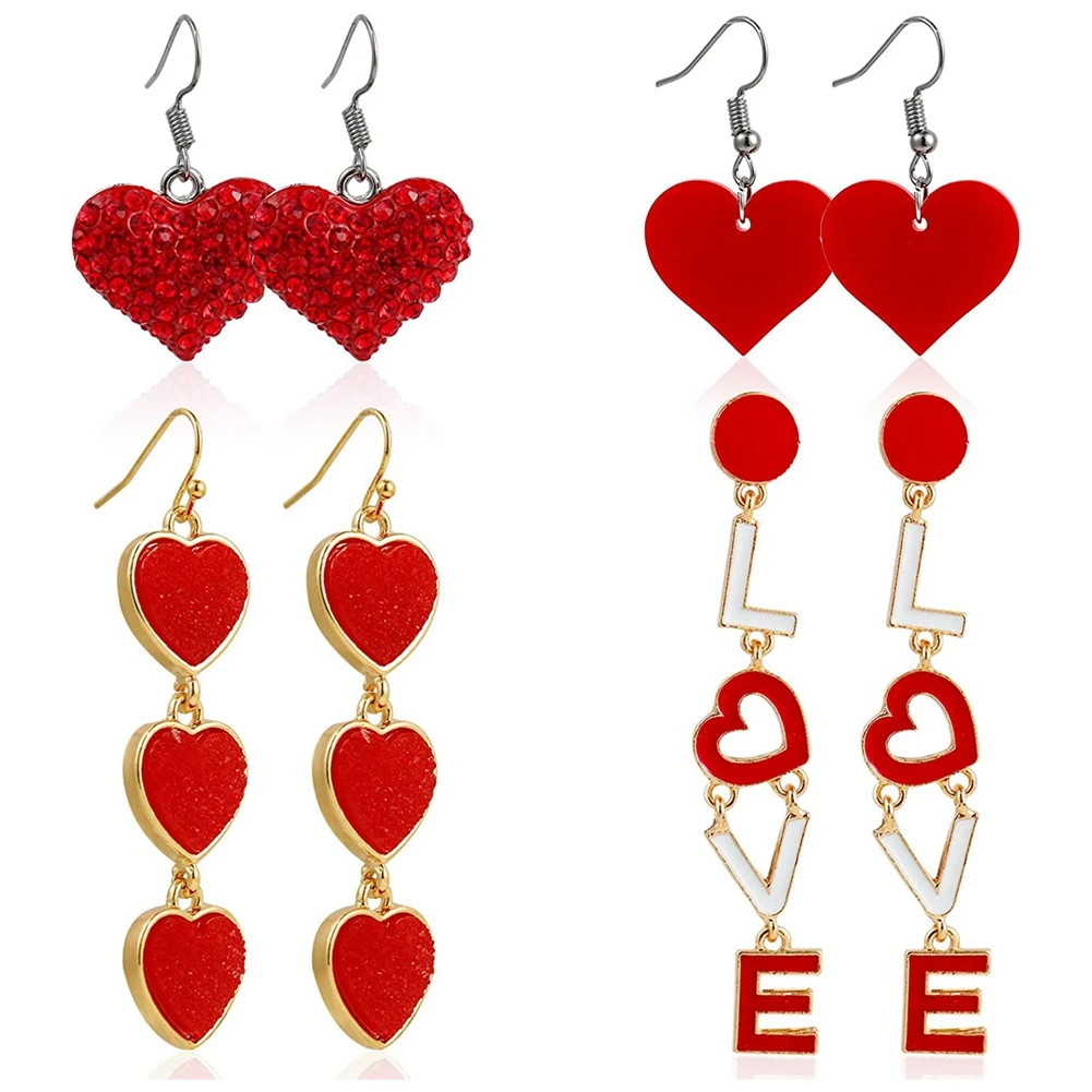 

4 Pairs of Love Earrings Red Hearts Valentine's Day Accessories Earrings Love Letter