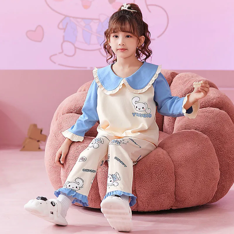 

Новинка, Детская Пижама Sanrio, осенняя одежда для сна из чистого хлопка с длинным рукавом Hello Kitty, ночная рубашка для девочек