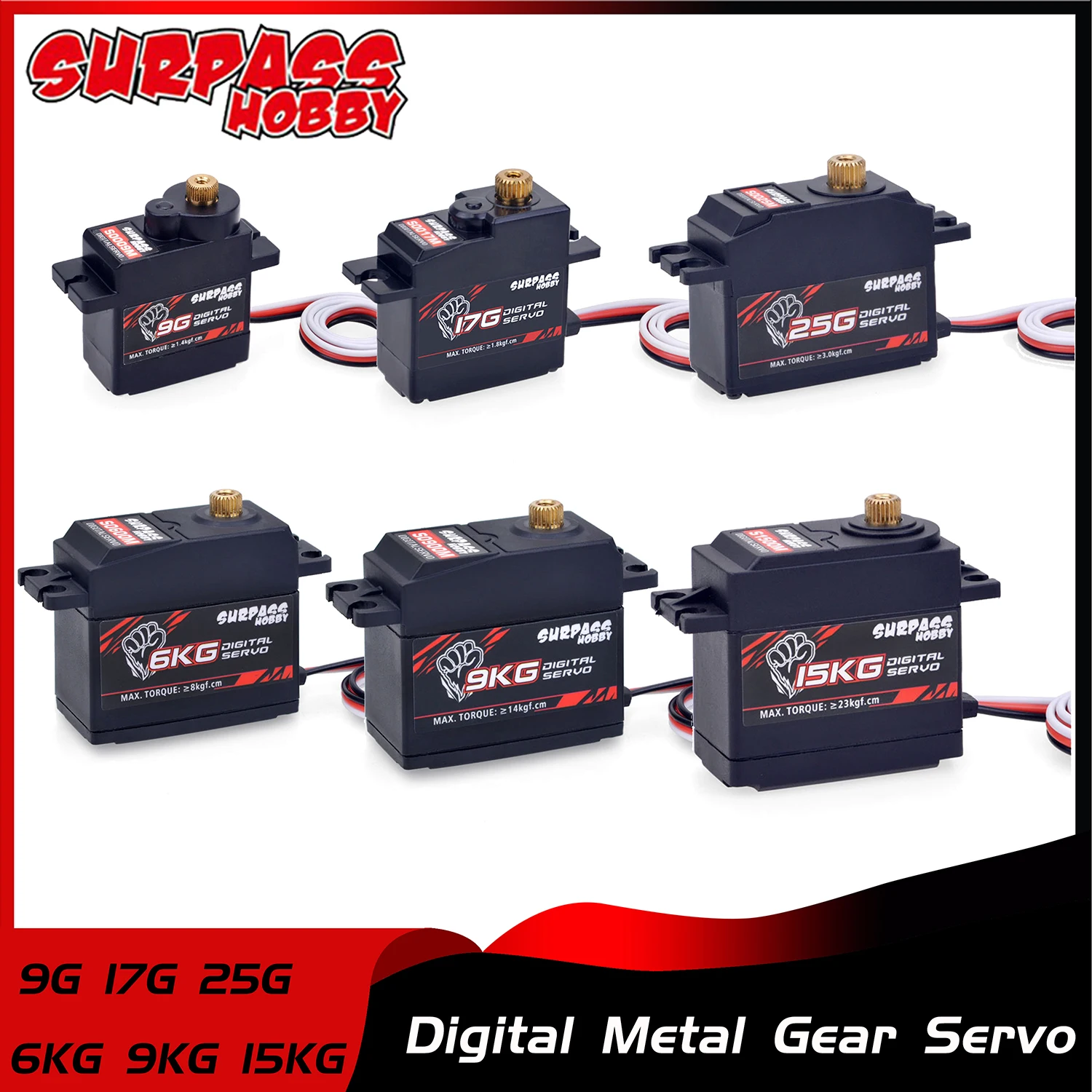 Сервопривод SURPASS HOBBY для радиоуправляемой машинки, металлическая шестерня, цифровой двигатель 25T для самолета, робота, лодки, аксессуары, игрушечная деталь, 9 г, 17 г, 25 г, 6 кг, 9 кг, 15 кг