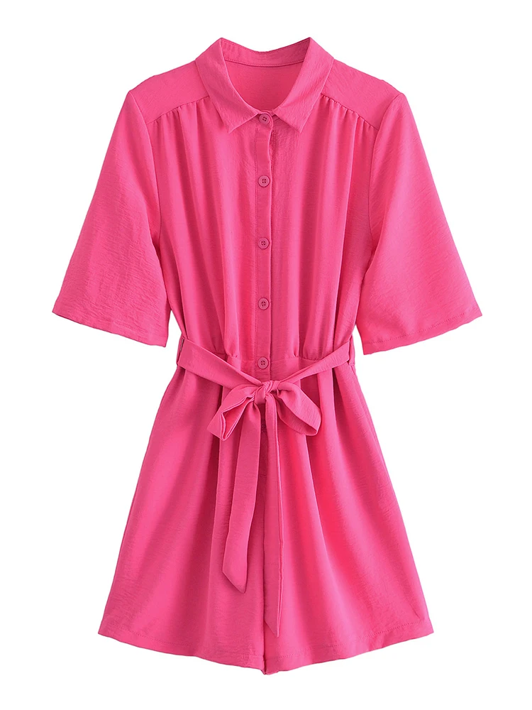 

Women Rose Red Shirt Style Playsuits Office Lady Summer Short Sleeve Single Breasted Rompers With Sashes 2022