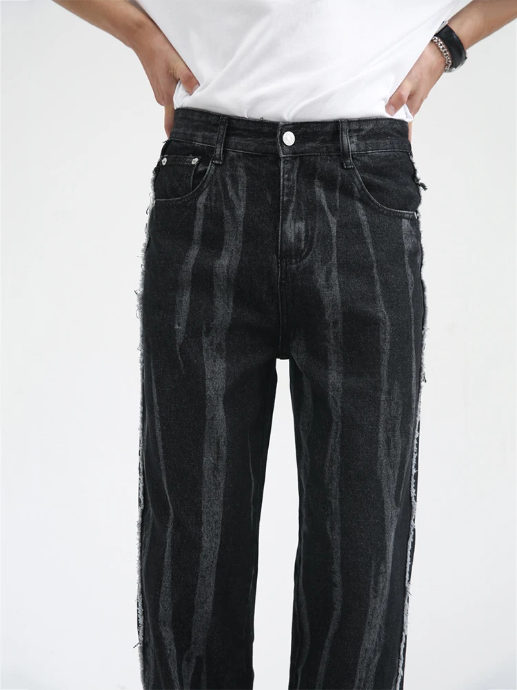Y2K Men's Jeans Loose Fit Black Tie Dye Casual Pants Korean Wave Dark High Street Pants Four Seasons Streetwear Men Jeans