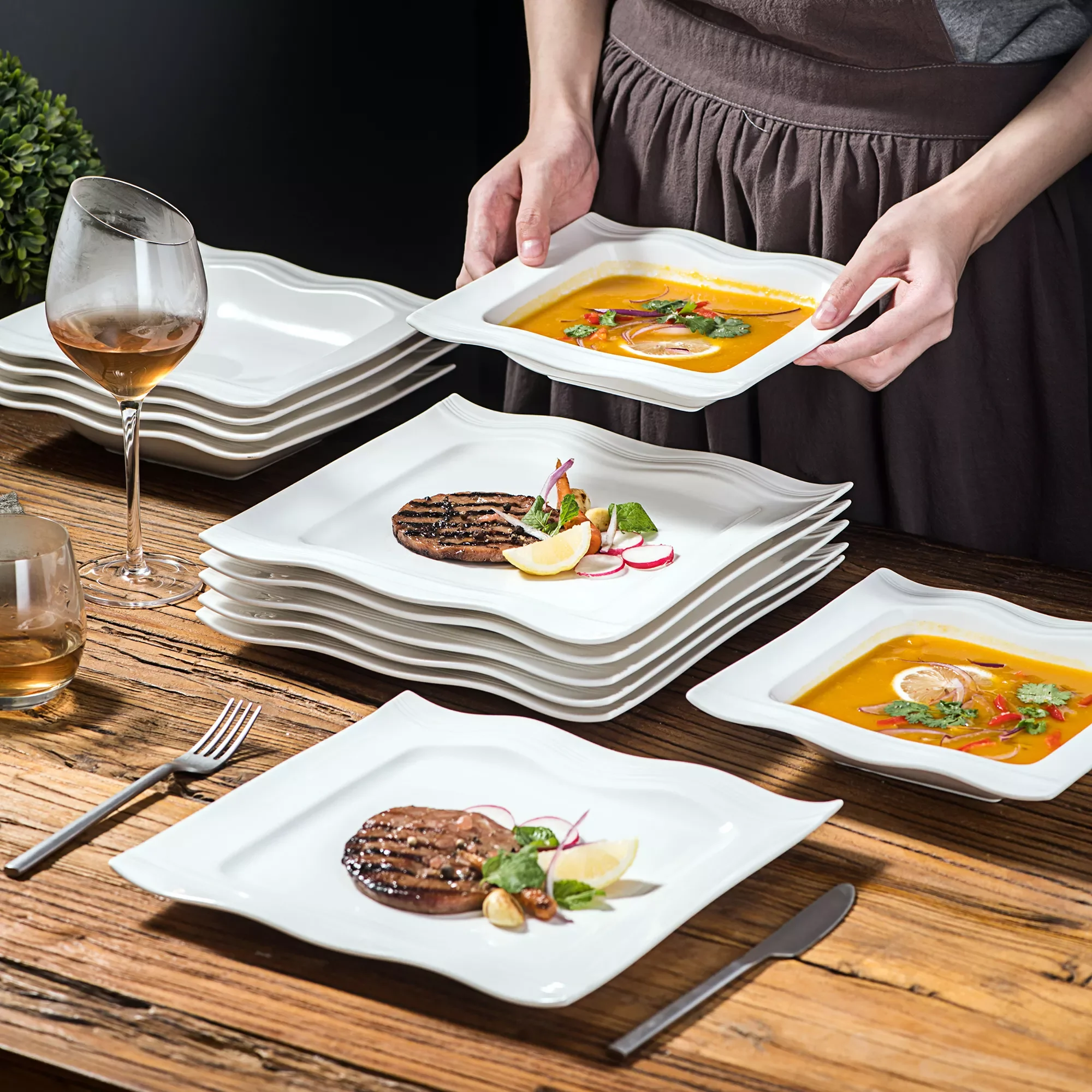 

12 Piece Porcelain Plates Sets with 6*Soup Plate&Dinner Plates Dinnerware Tableware Service for 6 Person