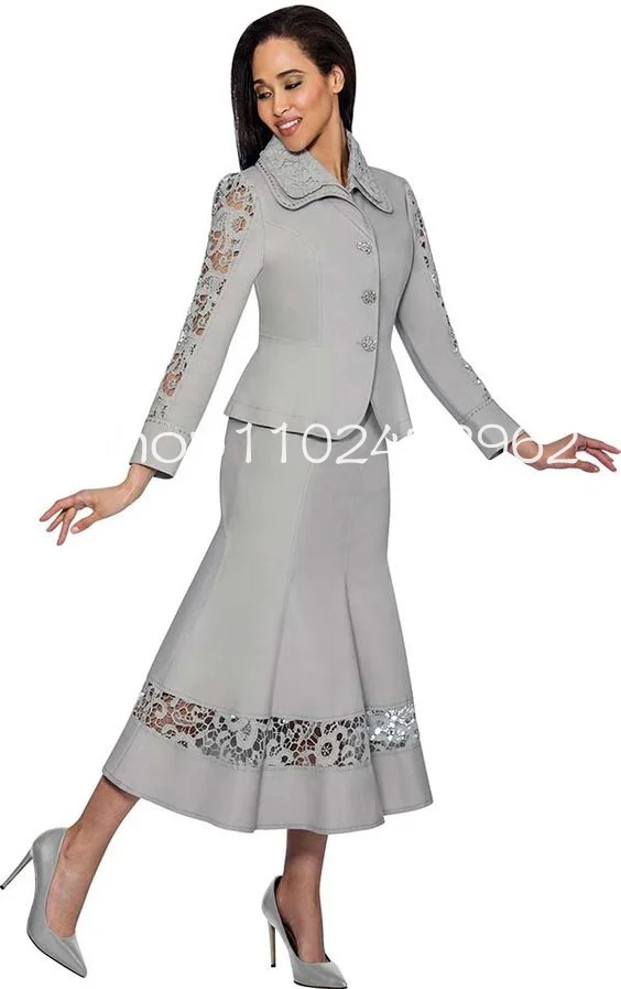 

Silver Grey Tea-length Mother of the Bride Dresses Lace Stain Two Pieces Mermaid Wedding Guest Godmother Outfit Gown