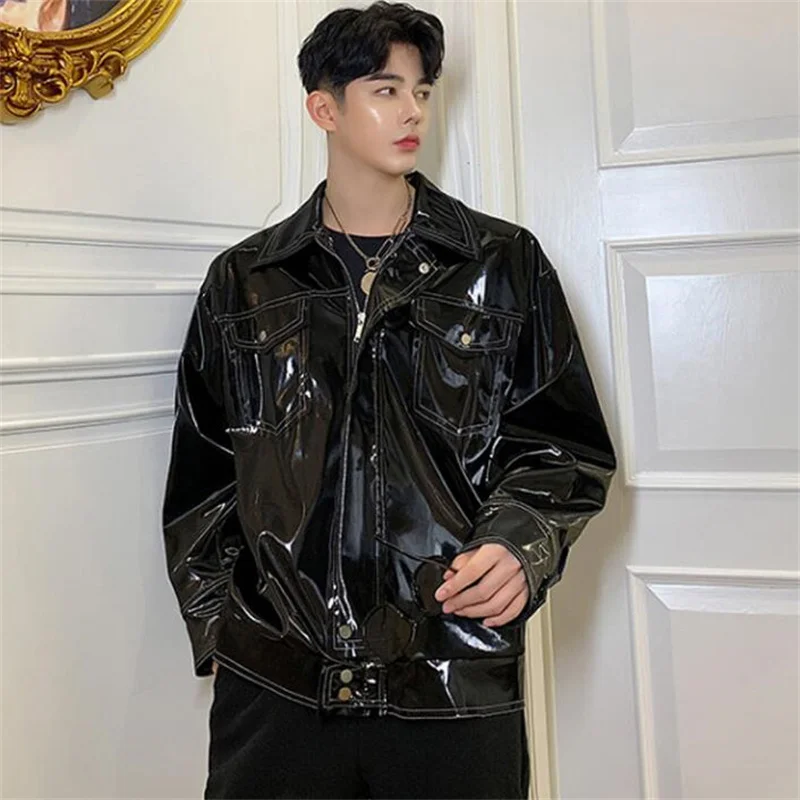 mens leather jacket Lapel Patent Leather Gloss motorcycle coat men jackets loose clothes personalized stage street fashion b472