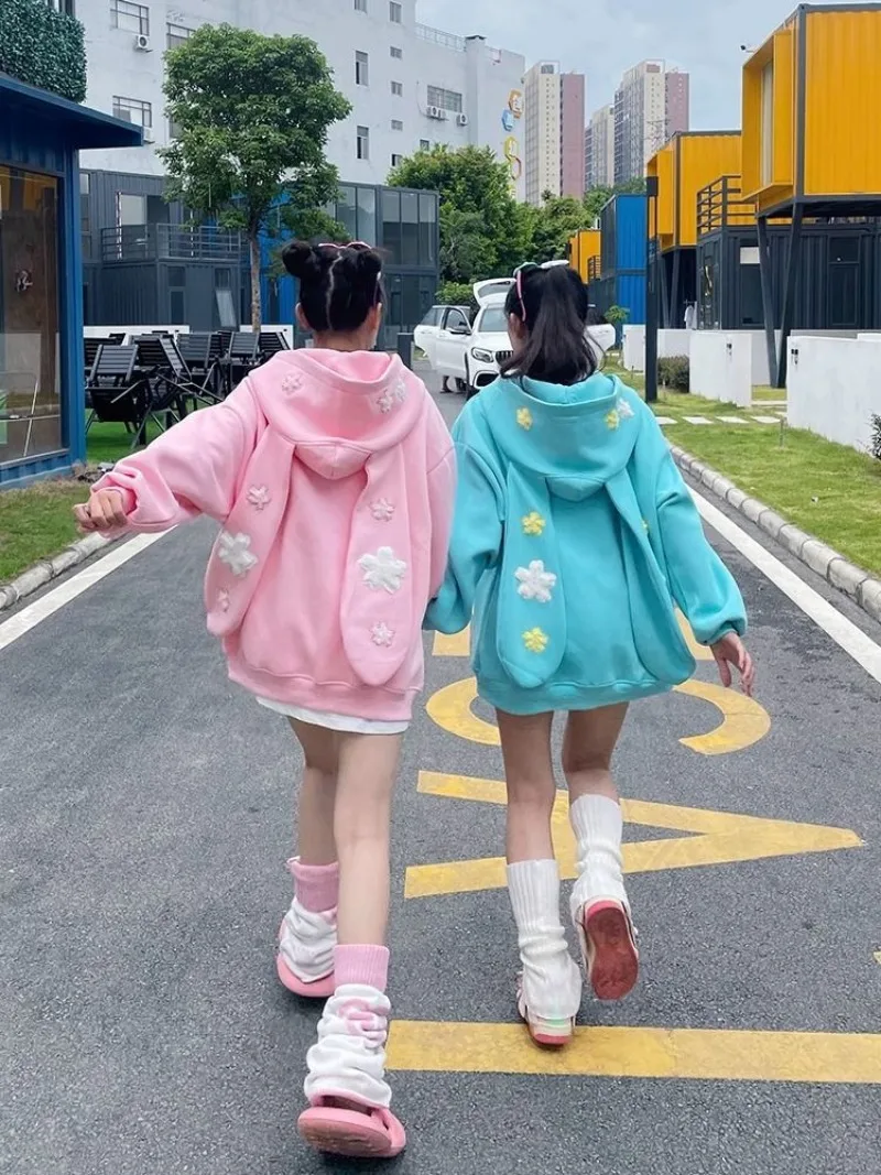 Японская милая студенческая толстовка с кроличьими ушками кардиганы на молнии