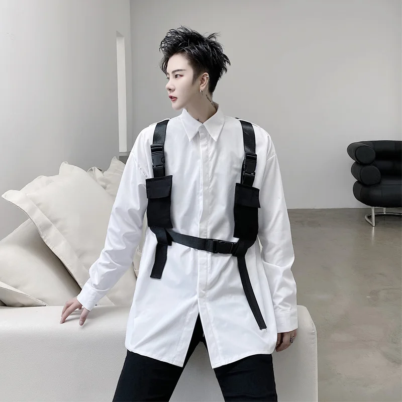 

SYUHGFA High Street Style White Shirt With Detachable Strap 2022 Spring Loose Tooling Top Long Sleeve Blouse Niche Design Cloth