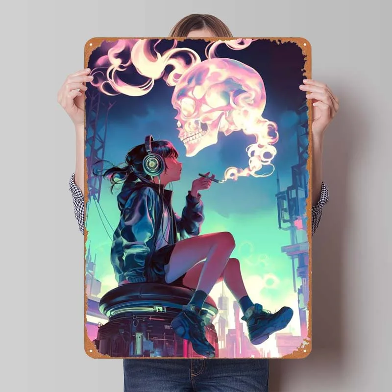 Аниме череп курительная девушка Ржавый металлический постер жестяной знак эльф