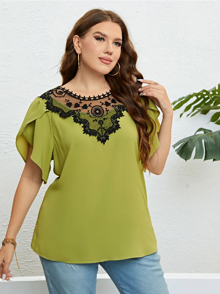 Summer Green Round Neck Lace Featured Top plus size women clothing blusas