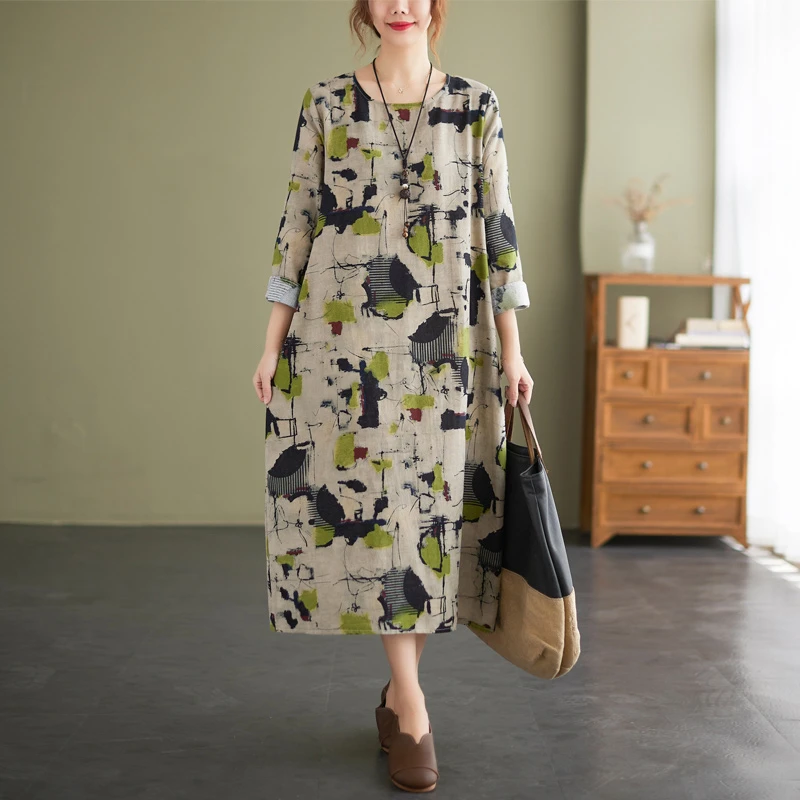 

Cotton Linen Vintage Floral Print Dresses For Women Spring Autumn 2022 Long Sleeve Fashion Dress Elegant Vestidos Robe Femme