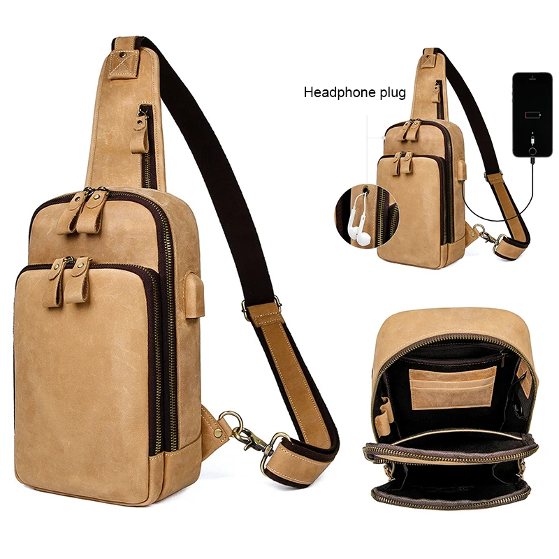 Men's Genuine Leather USB Fashion Multifunction Crossbody Bag Chest Bag Man Travel Sling Messenger Pack  For Male Women Female