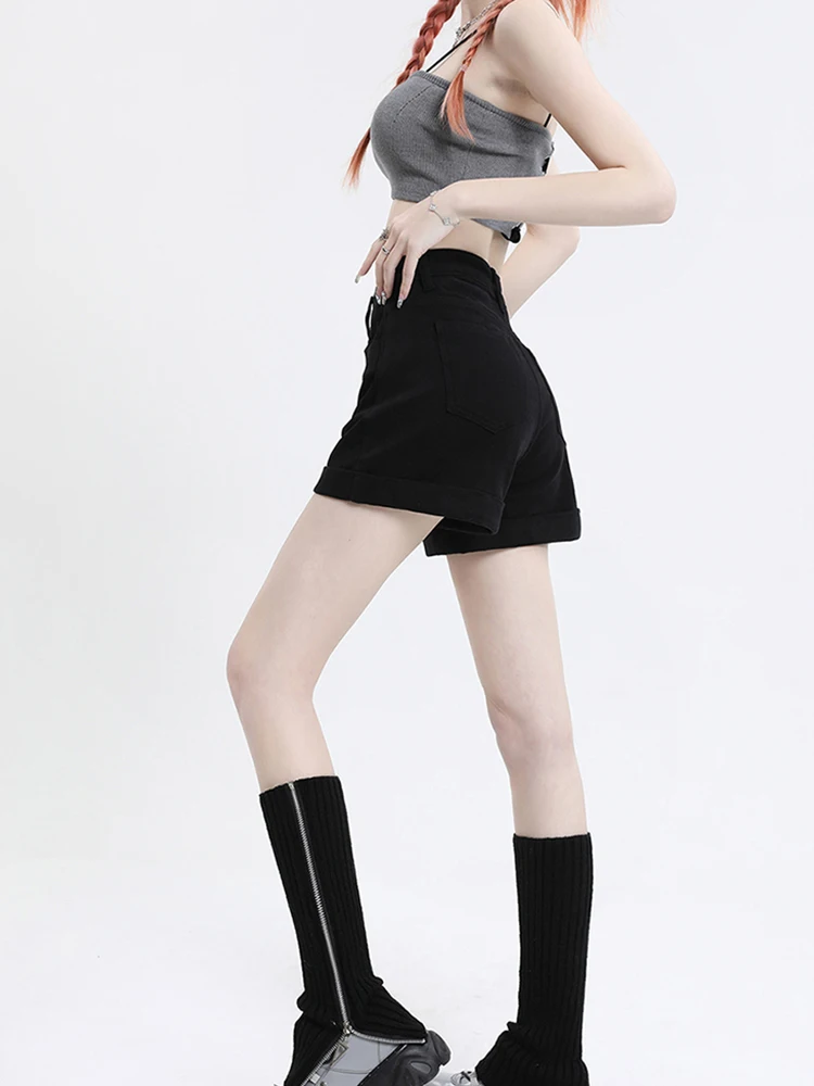 New Spring Summer Women High Waist Button Loose Fit Denim Shorts Casual Female Button Classic Black Jeans Shorts