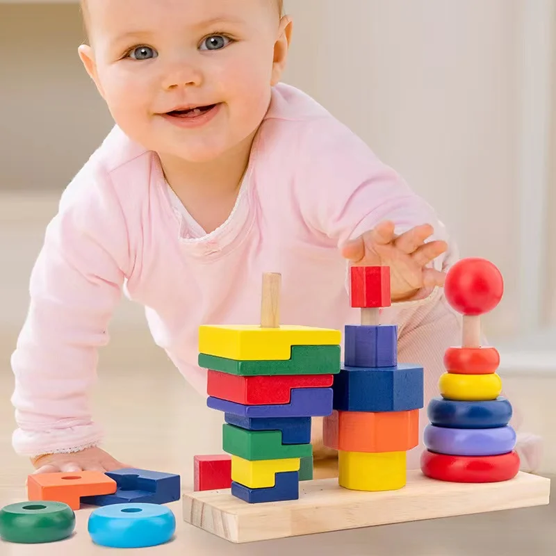 

Wooden Colorful Rainbow Building Blocks Early Education 3Toy Sets Geomestry Infant Baby Intelligence Development Gift Toy Set