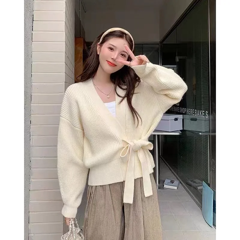 

Knitting Women's Cardigan Winter 2022 Cashmere Sweaters Fashion Long Sleeves Solid Korean Jumpers Lace Up Autumn Clothing