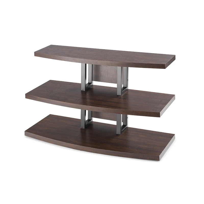 

TV station decorated with TV stand in living room style, three open shelves for parts storage and decoration