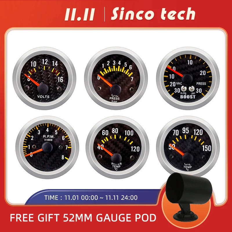 

52mm Sincotech 605 series Carbon Panel Boost Gauge Oil Pressure Water Temperture R.P.M Voltage Automobile Meter