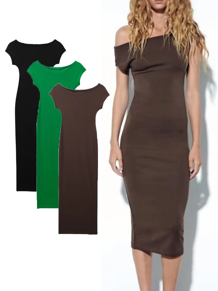 

Платье-миди летнее трикотажное с круглым вырезом и короткими рукавами