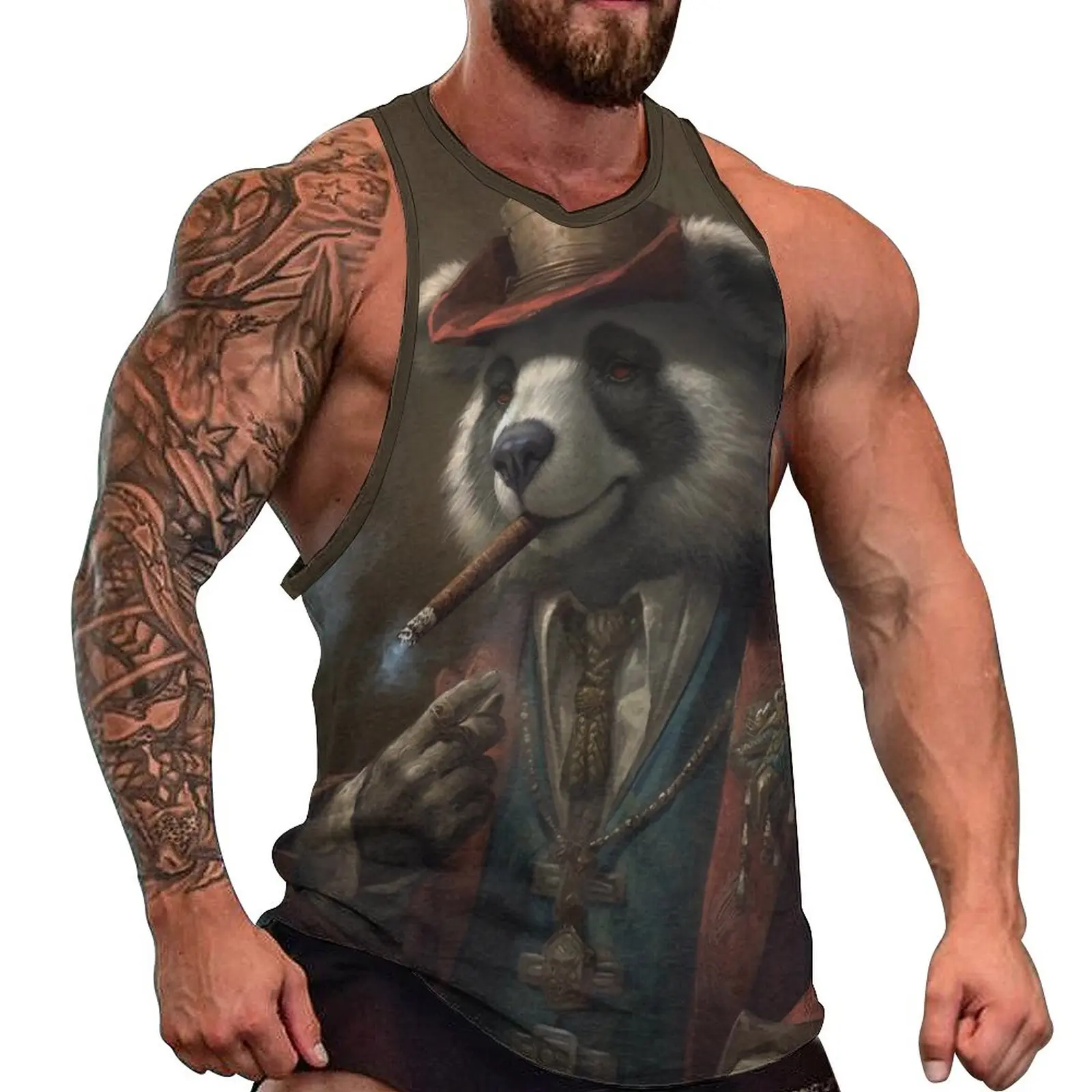 

Panda Tank Top Mens Gangster-style Godfather Workout Oversized Tops Summer Muscle Graphic Sleeveless Vests