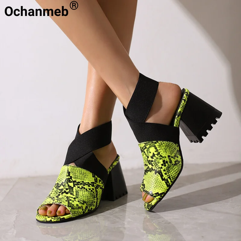 

Ochanmeb Women Gladiator Sandals Ankle Cross-tied Elastic Band Block Heels Summer Sandal Ladies Snake Shoes Small Big Size 32-48