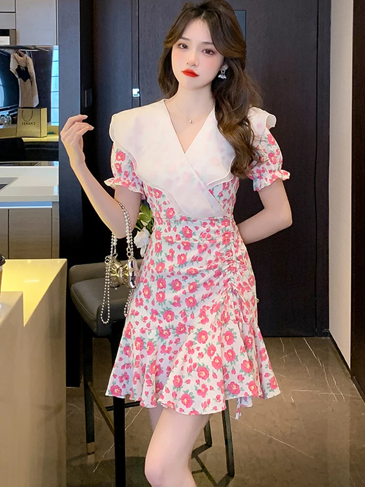 

2023 Pink Floral Ruffled Collar Sexy Mini Dress Summer Fashion Casual Beach Dress Women Korean Elegant Bodycon Party Prom Dress