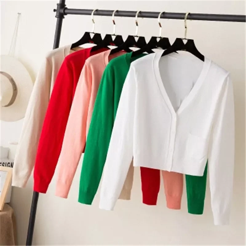 

New in 2022 Short Cardigan V Neck Long Sleeve Cotton Cropped Cardigan Sweaters Thin Coat feminino Spring Knitwear for Women