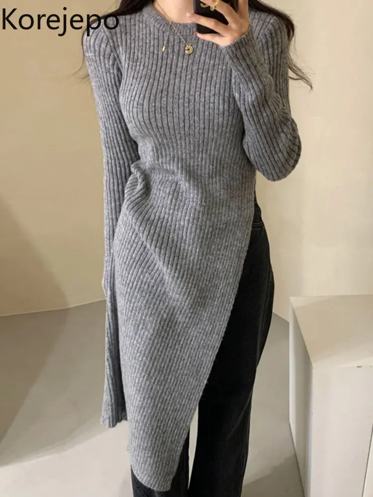 

Korejepo Medium Long Sweater Women Autumn Winter Korean Chic Sweaters Top 2022 New Round Neck Knitting Slim Sexy Pullover