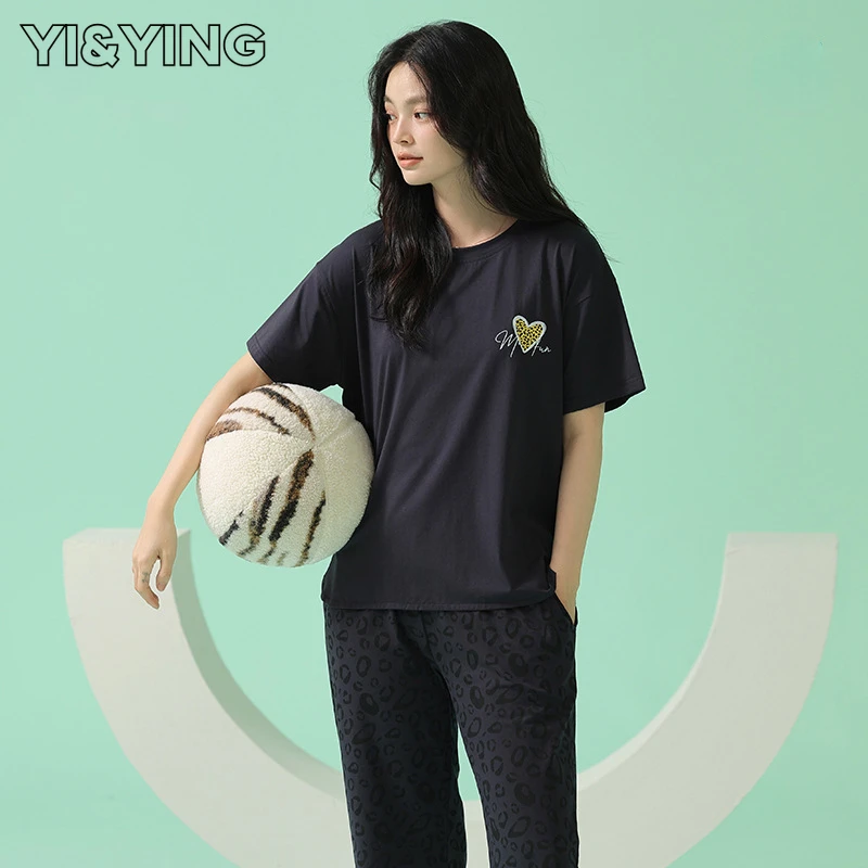 

[YI&YING] Spring and summer pajamas, women's short sleeved long pants, pure cotton, large brand style home clothing set WAZC098