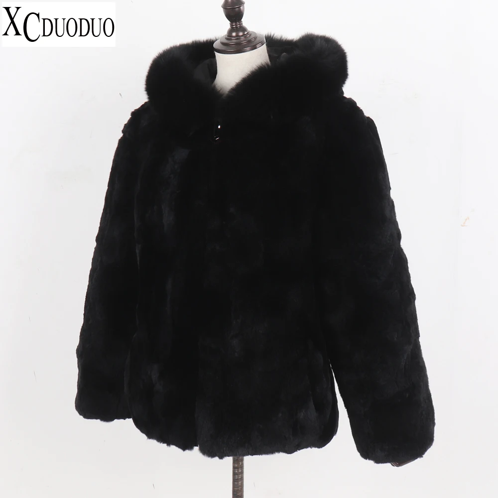 

New Women Winter Real Rex Rabbit Fur Hooded Coat With Fox Fur Collar Thick Natural Rex Rabbit Fur Jacket Lady Warm Real Fur Coat