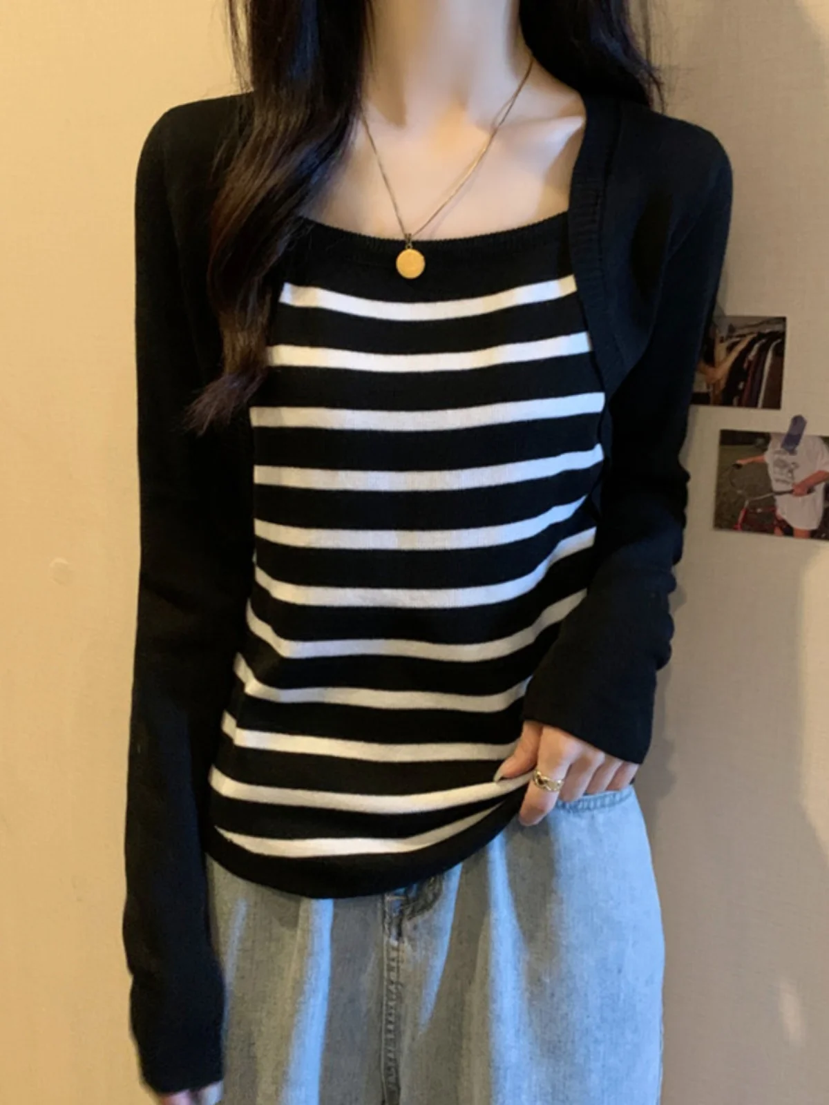 Плюс размер 2025 Новый искусственный трикотаж из двух частей с длинными рукавами