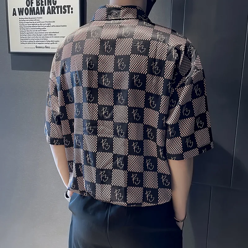 Brand Plaid Shirts Men 2022 Summer Half Sleeve Loose Casual Pullover Fashion V Neck Business Shirt Social Party Tuxedo Blouse