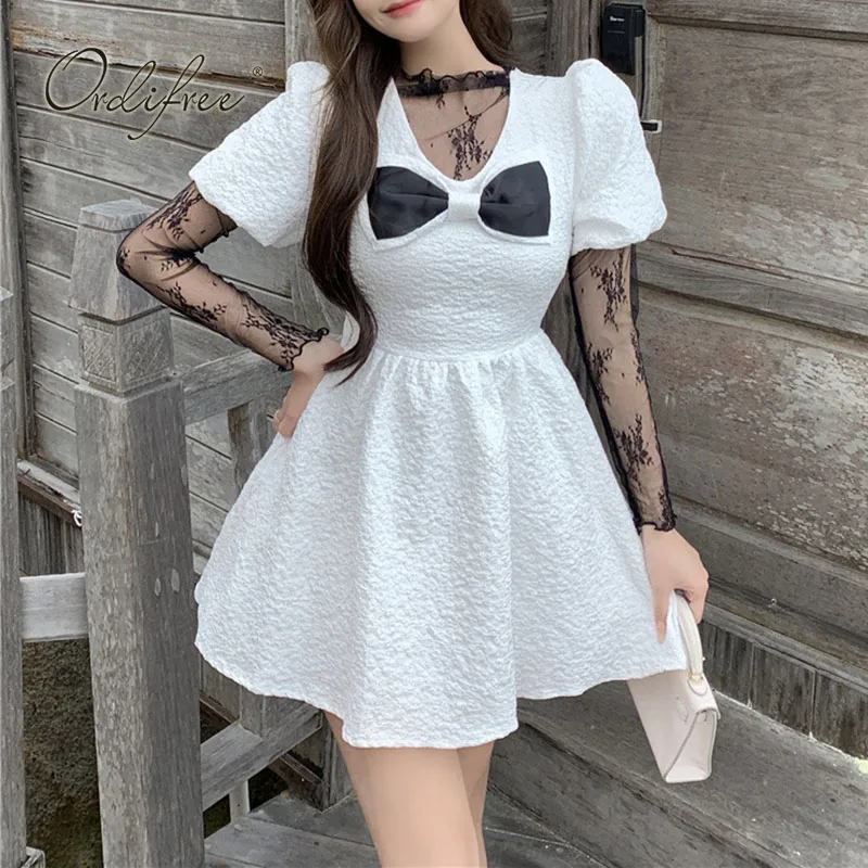 

Ordifree 2022 Summer Women Mini Party Dress Bow Tie Vintage White Black Lace Short A Line Dress
