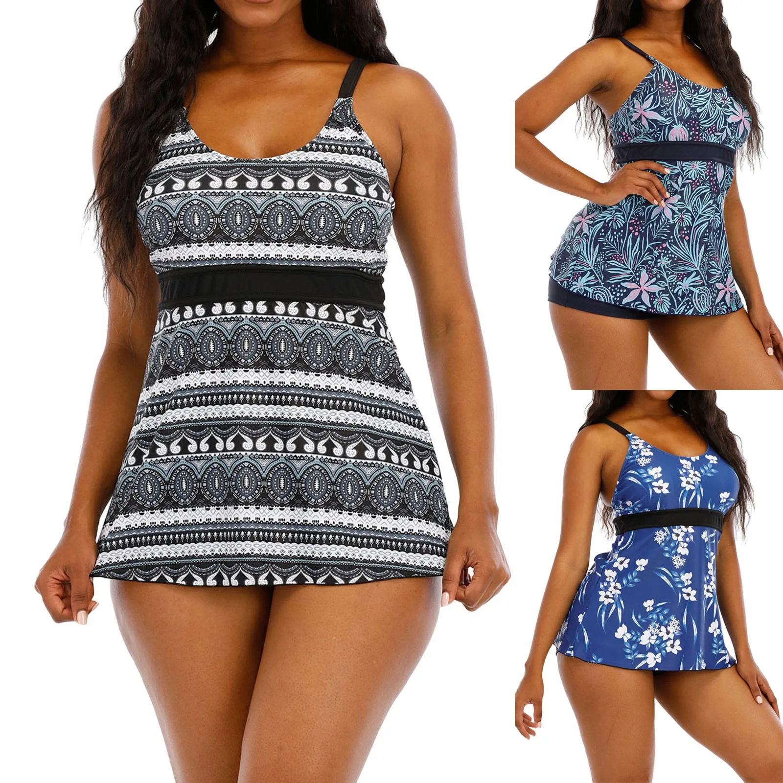 

2022 Two Piece Swimwear Women Plus Size Tankini Swimsuits with Shorts V neck Tankinis Set Swim Wear Black Print Bathing Suit 2XL